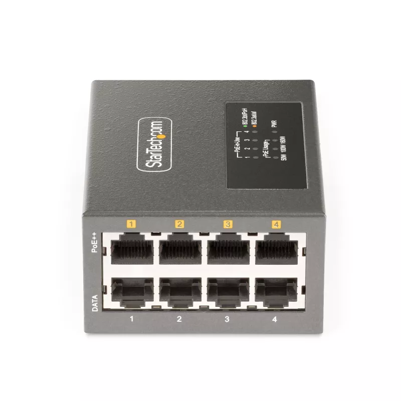 Inyector PoE++ Multi-Gigabit de 4 puertos StarTech.com, Ethernet 5/2.5/1G (NBASE-T), PoE/PoE+/PoE++ (802.3af/802.3at/802.3bt), presupuesto de potencia de 160 vatios, montaje en pared/riel DIN, no gestionado