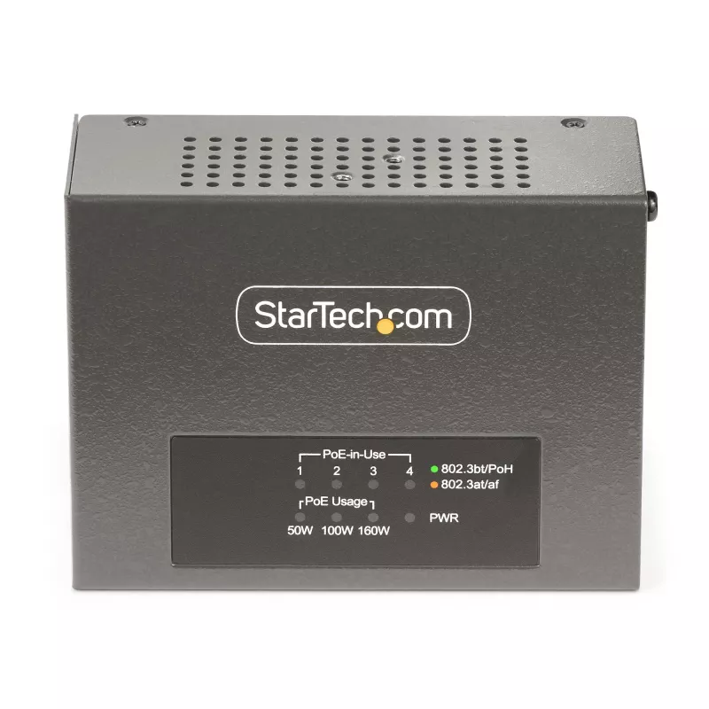 Inyector PoE++ Multi-Gigabit de 4 puertos StarTech.com, Ethernet 5/2.5/1G (NBASE-T), PoE/PoE+/PoE++ (802.3af/802.3at/802.3bt), presupuesto de potencia de 160 vatios, montaje en pared/riel DIN, no gestionado