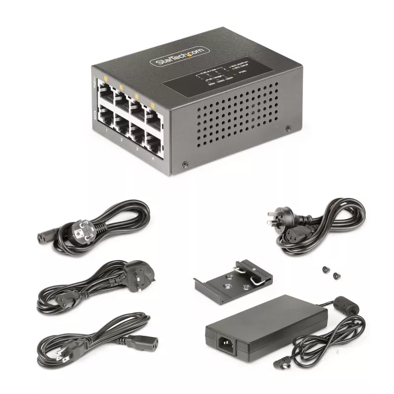 Inyector PoE++ Multi-Gigabit de 4 puertos StarTech.com, Ethernet 5/2.5/1G (NBASE-T), PoE/PoE+/PoE++ (802.3af/802.3at/802.3bt), presupuesto de potencia de 160 vatios, montaje en pared/riel DIN, no gestionado