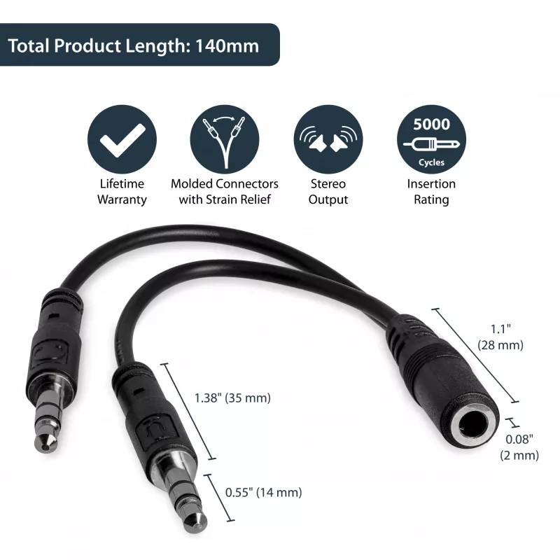 Adaptador divisor de auriculares StarTech.com de 3,5 mm de 4 posiciones a 2x 3 posiciones de 3,5 mm – conector hembra/macho