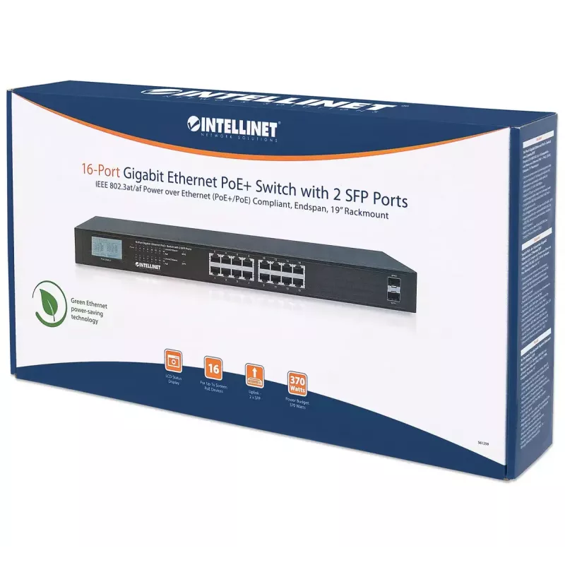 Switch no gestionado Intellinet 16 puertos Gigabit Ethernet PoE+ 370W