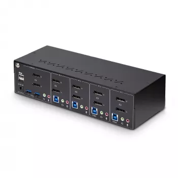 Switch KVM DisplayPort de doble monitor de 4 puertos StarTech.com, 4K 60Hz, 2 puertos hub USB 5Gbps, 2 puertos USB 2.0 HID, conmutación por tecla de acceso rápido y botón, conforme a TAA – audio de 3,5 mm, HDCP