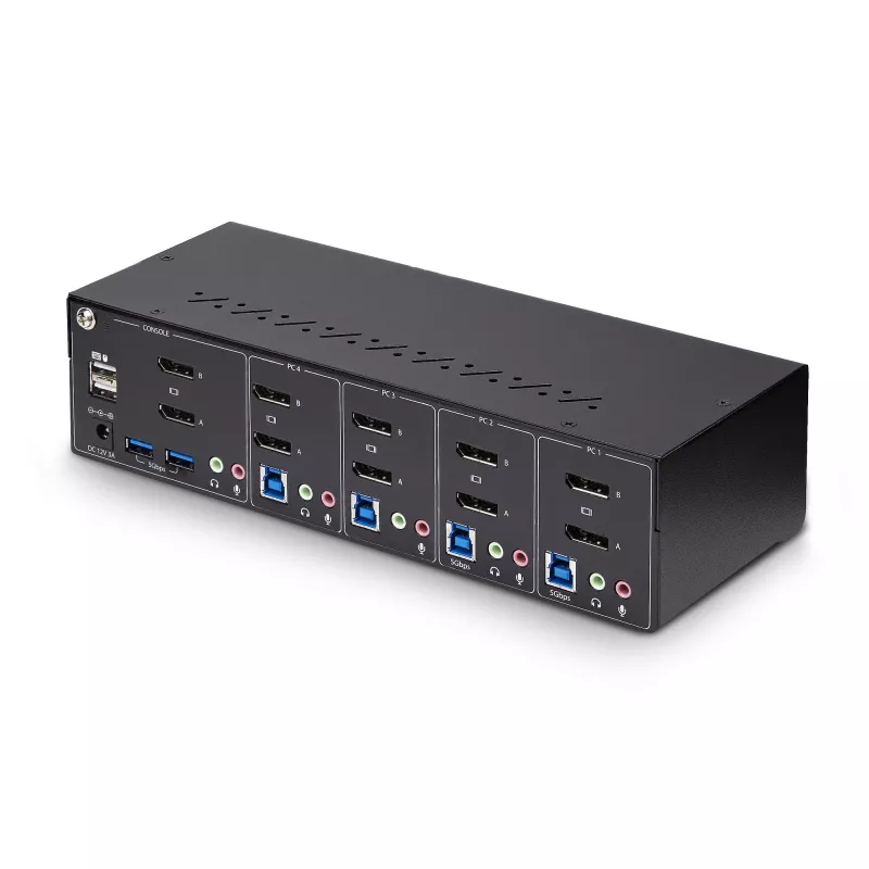 Switch KVM DisplayPort de doble monitor de 4 puertos StarTech.com, 4K 60Hz, 2 puertos hub USB 5Gbps, 2 puertos USB 2.0 HID, conmutación por tecla de acceso rápido y botón, conforme a TAA – audio de 3,5 mm, HDCP
