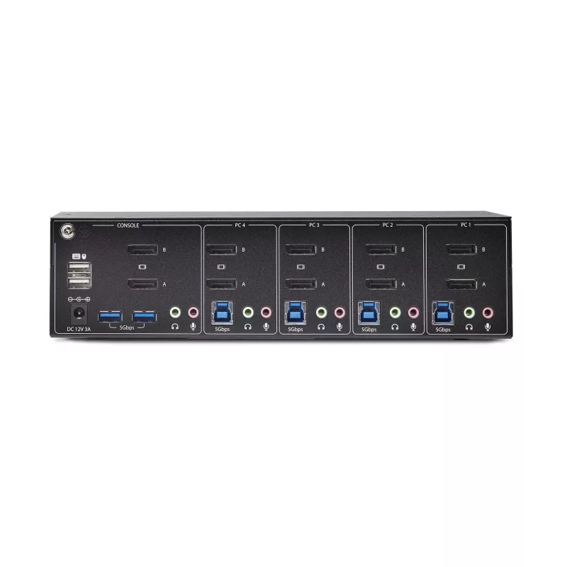 Switch KVM DisplayPort de doble monitor de 4 puertos StarTech.com, 4K 60Hz, 2 puertos hub USB 5Gbps, 2 puertos USB 2.0 HID, conmutación por tecla de acceso rápido y botón, conforme a TAA – audio de 3,5 mm, HDCP