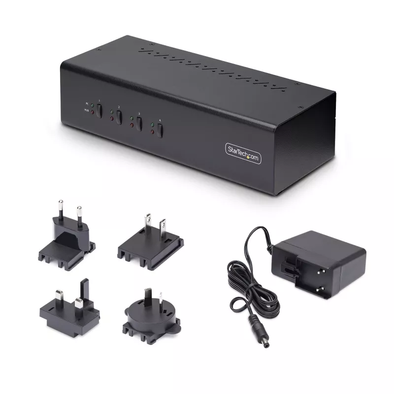 Switch KVM DisplayPort de doble monitor de 4 puertos StarTech.com, 4K 60Hz, 2 puertos hub USB 5Gbps, 2 puertos USB 2.0 HID, conmutación por tecla de acceso rápido y botón, conforme a TAA – audio de 3,5 mm, HDCP