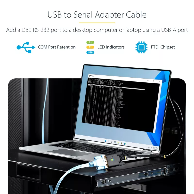 Cable adaptador USB a serie StarTech.com de 3ft (1m), conservación de COM, tornillos/tuercas reemplazables, USB-A a DB9 RS232, IC FTDI, protección ESD, Windows/macOS/Linux