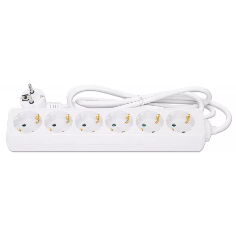 Unidad de distribución de alimentación Manhattan EU (2 polos), x6 tomas/salida, cable de 2m, 16A, Blanco, alargador, PDU, regleta de enchufes, tres años de garantía