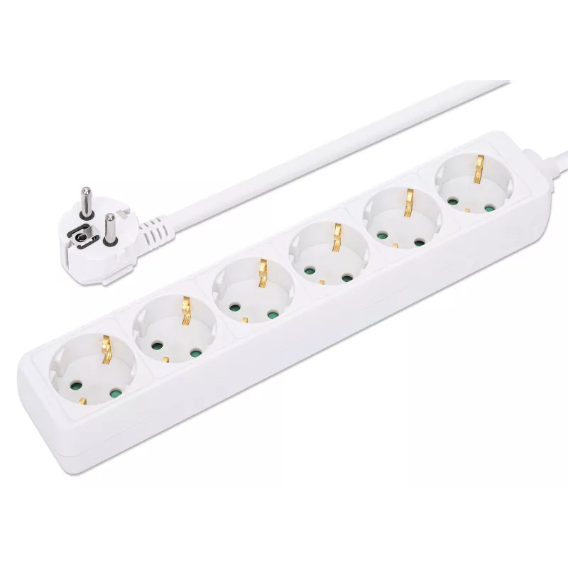 Unidad de distribución de alimentación Manhattan EU (2 polos), x6 tomas/salida, cable de 2m, 16A, Blanco, alargador, PDU, regleta de enchufes, tres años de garantía