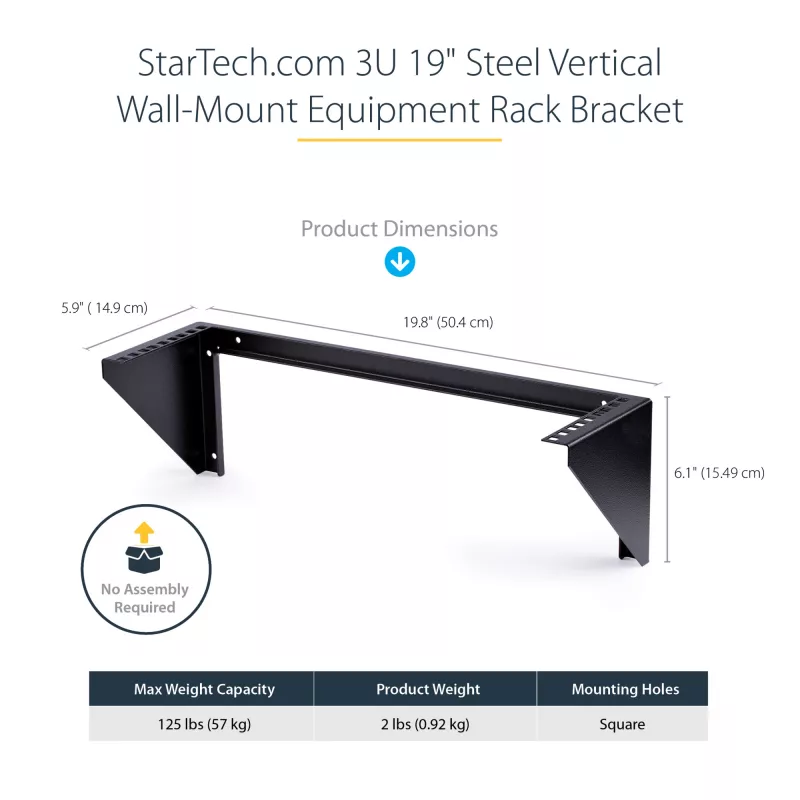 StarTech.com Soporte de rack vertical de pared 3U 19” , Soporte de pared para patch panel para equipos de datos/AV/IT/ordenador, Rack 3U para armario o sala de servidores, Capacidad de carga 150 lb (68 kg)