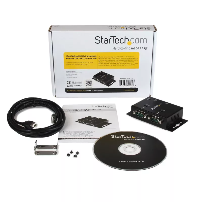StarTech.com Hub adaptador USB a serie industrial de 2 puertos montable en pared con clips para carril DIN