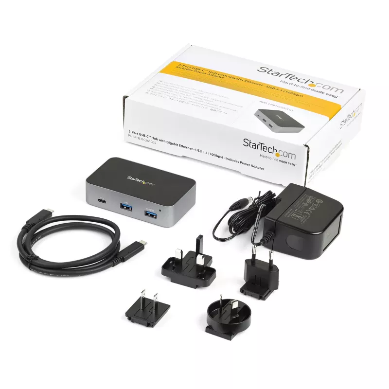 StarTech.com HB31C2A1CGS hub USB-C de 3 puertos con Gigabit Ethernet, USB 3.1 Gen 2 10 Gbps, 2x USB-A + 1x USB-C, cable host de 1 m, con adaptador de corriente