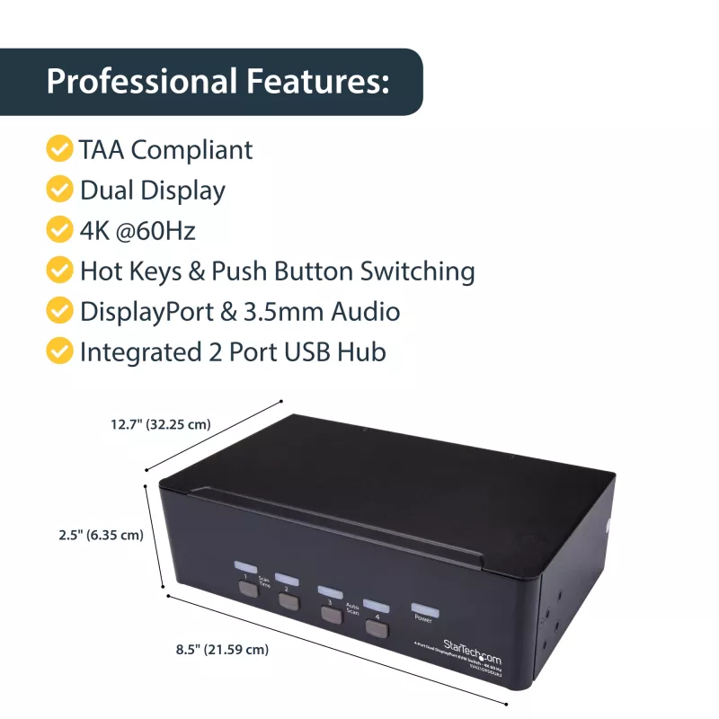StarTech.com Switch KVM Dual DisplayPort de 4 puertos - 4K 60Hz