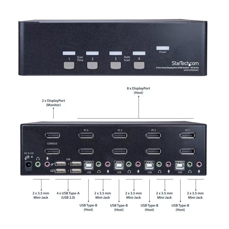 StarTech.com Switch KVM Dual DisplayPort de 4 puertos - 4K 60Hz