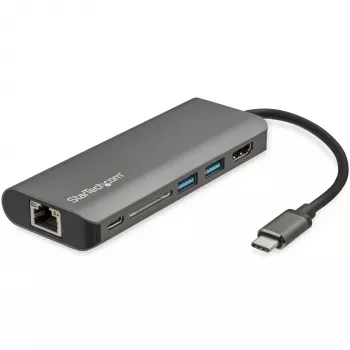 StarTech.com Adaptador multipuerto USB C – Dock de viaje USB-C con HDMI 4K, hub 3x USB 3.0, SD/SDHC, GbE, PD 3.0 de 60W Pass-Through – USB Type-C/Thunderbolt 3 – Sustituye a DKT30CSDHPD