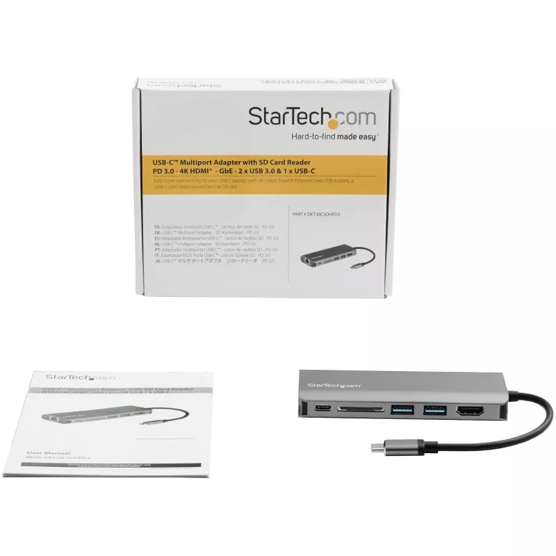StarTech.com Adaptador multipuerto USB C – Dock de viaje USB-C con HDMI 4K, hub 3x USB 3.0, SD/SDHC, GbE, PD 3.0 de 60W Pass-Through – USB Type-C/Thunderbolt 3 – Sustituye a DKT30CSDHPD