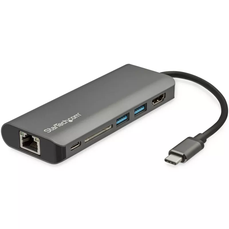 StarTech.com Adaptador multipuerto USB C – Dock de viaje USB-C con HDMI 4K, hub 3x USB 3.0, SD/SDHC, GbE, PD 3.0 de 60W Pass-Through – USB Type-C/Thunderbolt 3 – Sustituye a DKT30CSDHPD