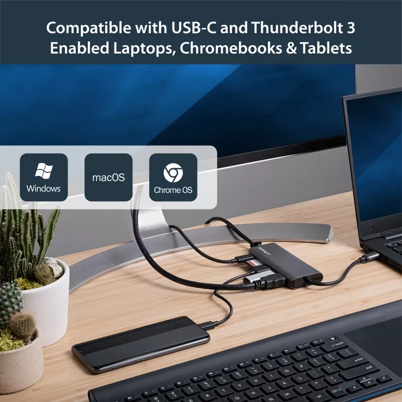 StarTech.com Adaptador multipuerto USB C – Dock de viaje USB-C con HDMI 4K, hub 3x USB 3.0, SD/SDHC, GbE, PD 3.0 de 60W Pass-Through – USB Type-C/Thunderbolt 3 – Sustituye a DKT30CSDHPD