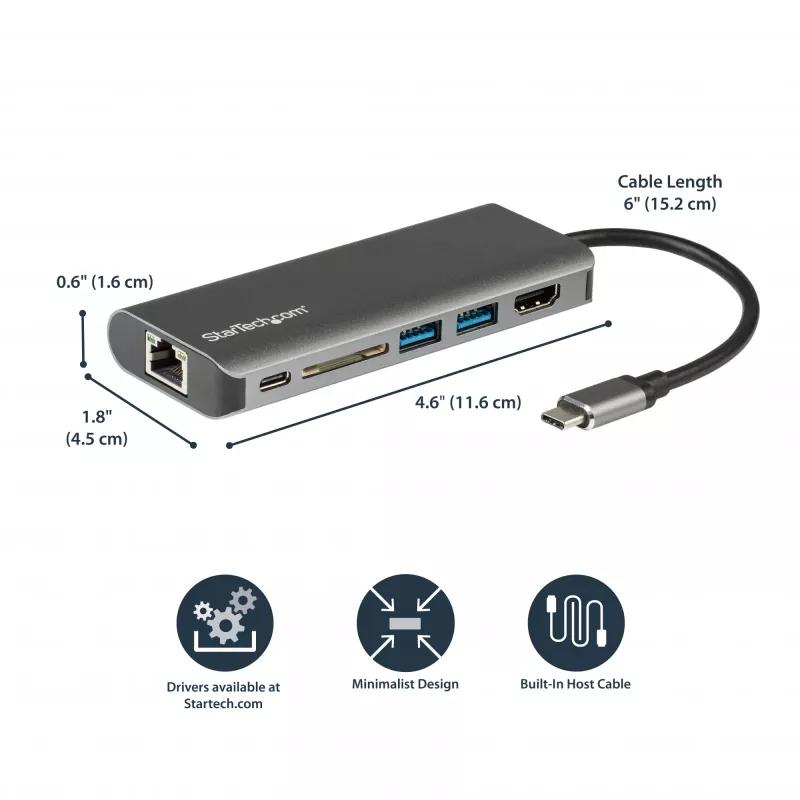 StarTech.com Adaptador multipuerto USB C – Dock de viaje USB-C con HDMI 4K, hub 3x USB 3.0, SD/SDHC, GbE, PD 3.0 de 60W Pass-Through – USB Type-C/Thunderbolt 3 – Sustituye a DKT30CSDHPD