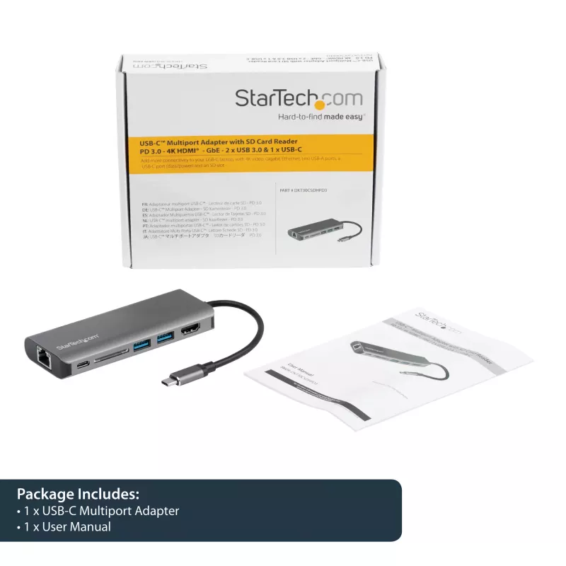 StarTech.com Adaptador multipuerto USB C – Dock de viaje USB-C con HDMI 4K, hub 3x USB 3.0, SD/SDHC, GbE, PD 3.0 de 60W Pass-Through – USB Type-C/Thunderbolt 3 – Sustituye a DKT30CSDHPD