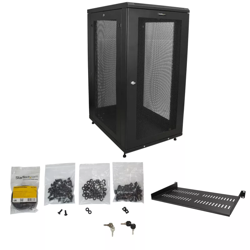 StarTech.com Armario rack de servidor de 4 postes 24U, armario rack de datos de 19 pulgadas con cerradura para equipos informáticos/AV/IT, rack de oficina/red doméstica con ruedas y guías de montaje ajustables