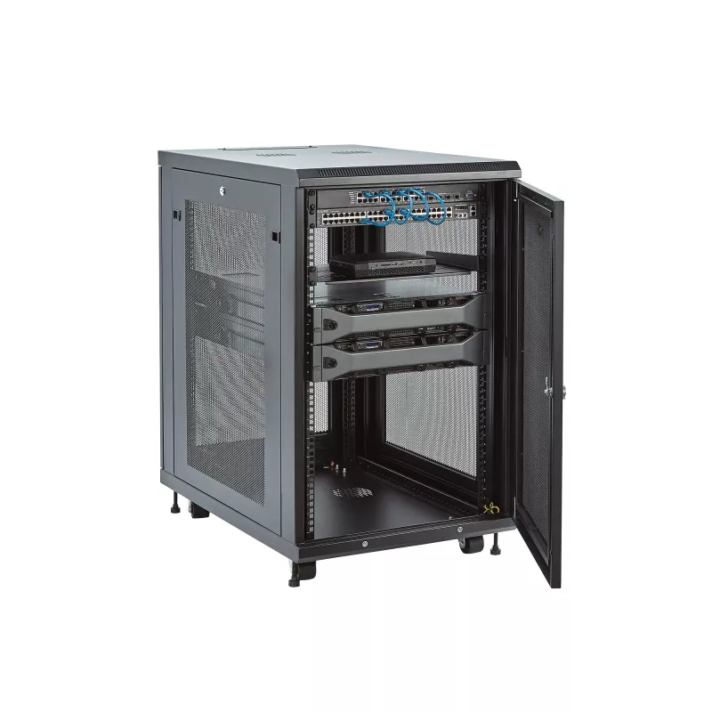StarTech.com Armario rack de servidor de 4 postes 18U, armario rack de datos de 19 pulgadas con cerradura para equipos informáticos / AV / IT, rack de oficina / red doméstica con ruedas y guías de montaje ajustables