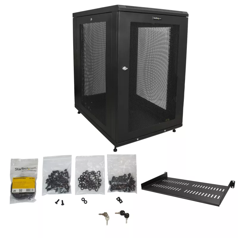 StarTech.com Armario rack de servidor de 4 postes 18U, armario rack de datos de 19 pulgadas con cerradura para equipos informáticos / AV / IT, rack de oficina / red doméstica con ruedas y guías de montaje ajustables