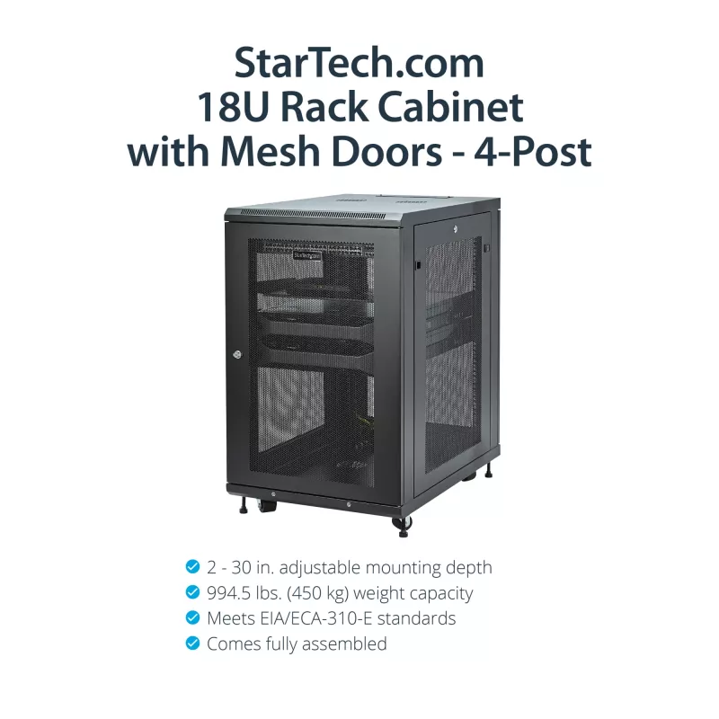 StarTech.com Armario rack de servidor de 4 postes 18U, armario rack de datos de 19 pulgadas con cerradura para equipos informáticos / AV / IT, rack de oficina / red doméstica con ruedas y guías de montaje ajustables