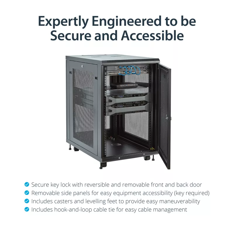 StarTech.com Armario rack de servidor de 4 postes 18U, armario rack de datos de 19 pulgadas con cerradura para equipos informáticos / AV / IT, rack de oficina / red doméstica con ruedas y guías de montaje ajustables