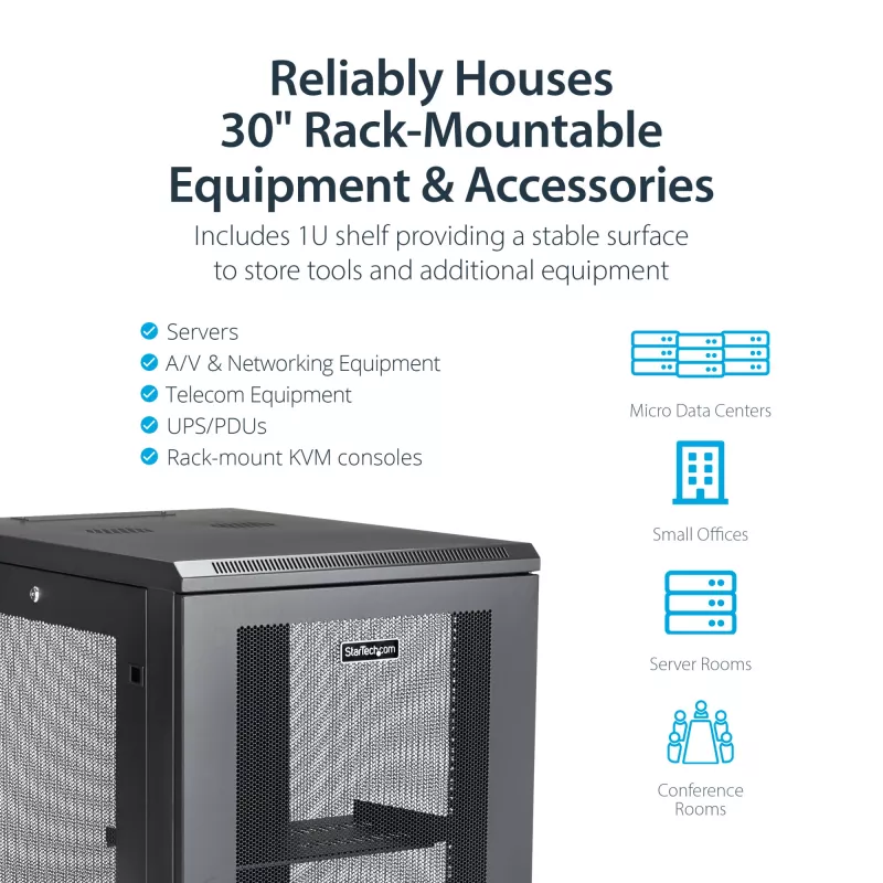 StarTech.com Armario rack de servidor de 4 postes 18U, armario rack de datos de 19 pulgadas con cerradura para equipos informáticos / AV / IT, rack de oficina / red doméstica con ruedas y guías de montaje ajustables
