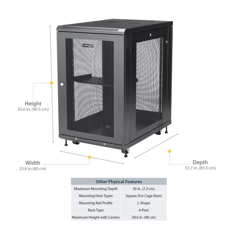 StarTech.com Armario rack de servidor de 4 postes 18U, armario rack de datos de 19 pulgadas con cerradura para equipos informáticos / AV / IT, rack de oficina / red doméstica con ruedas y guías de montaje ajustables