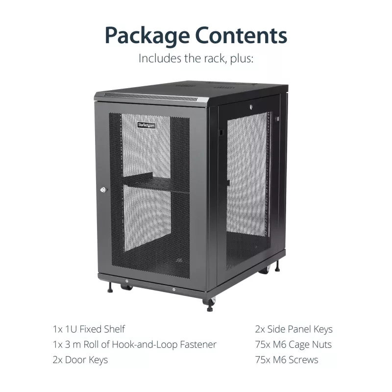 StarTech.com Armario rack de servidor de 4 postes 18U, armario rack de datos de 19 pulgadas con cerradura para equipos informáticos / AV / IT, rack de oficina / red doméstica con ruedas y guías de montaje ajustables