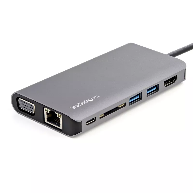 StarTech.com Adaptador multipuerto USB-C – Dock de viaje mini USB-C con HDMI 4K o VGA 1080p – Hub 3x USB 3.0, SD, GbE, audio, PD 100W Pass-Through – Estación de acoplamiento portátil para portátil/tablet