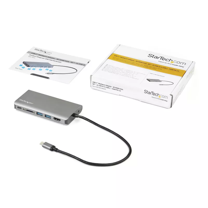 StarTech.com Adaptador multipuerto USB-C – Dock de viaje mini USB-C con HDMI 4K o VGA 1080p – Hub 3x USB 3.0, SD, GbE, audio, PD 100W Pass-Through – Estación de acoplamiento portátil para portátil/tablet