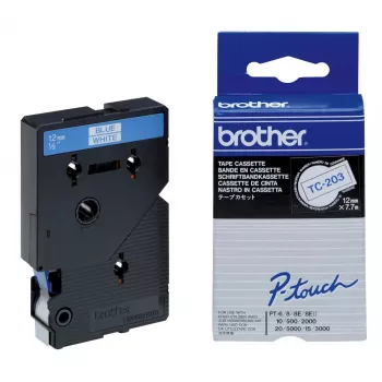 Cinta de etiquetar 12 mm Brother TC203 azul sobre blanco