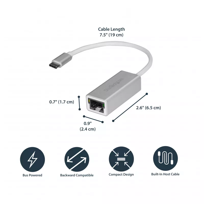 StarTech.com Adaptador de red USB-C a Gigabit – plateado, con cable, USB, Ethernet, 5000 Mbit/s, plateado