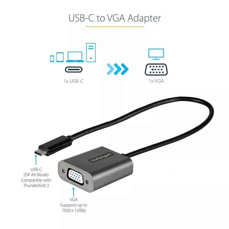 StarTech.com Adaptador USB-C a VGA – 1080p adaptador dongle USB Type-C a VGA – convertidor de vídeo USB-C (DP Alt Mode) a monitor/pantalla VGA – compatible con Thunderbolt 3 – cable integrado de 30 cm – versión mejorada de CDP2VGA