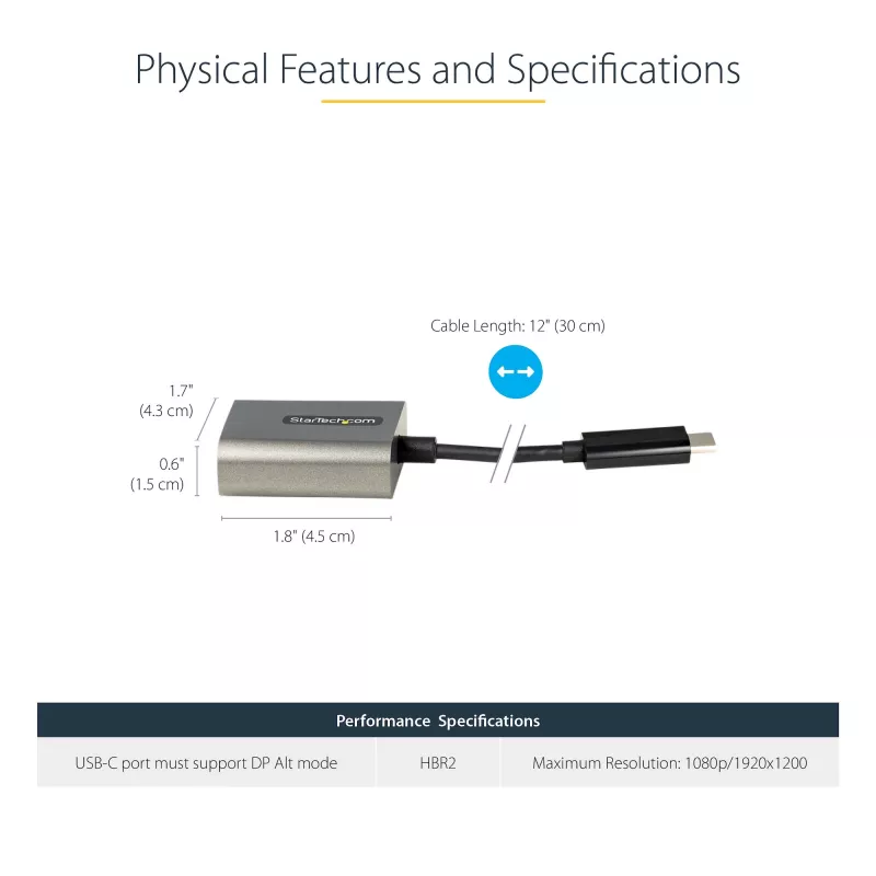 StarTech.com Adaptador USB-C a VGA – 1080p adaptador dongle USB Type-C a VGA – convertidor de vídeo USB-C (DP Alt Mode) a monitor/pantalla VGA – compatible con Thunderbolt 3 – cable integrado de 30 cm – versión mejorada de CDP2VGA