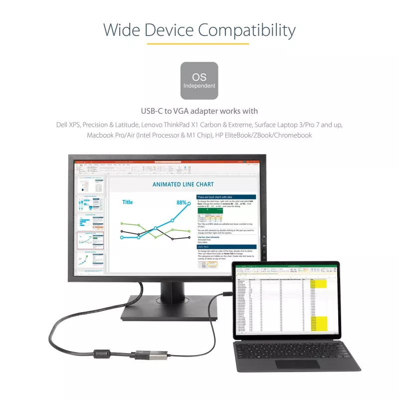 StarTech.com Adaptador USB-C a VGA – 1080p adaptador dongle USB Type-C a VGA – convertidor de vídeo USB-C (DP Alt Mode) a monitor/pantalla VGA – compatible con Thunderbolt 3 – cable integrado de 30 cm – versión mejorada de CDP2VGA