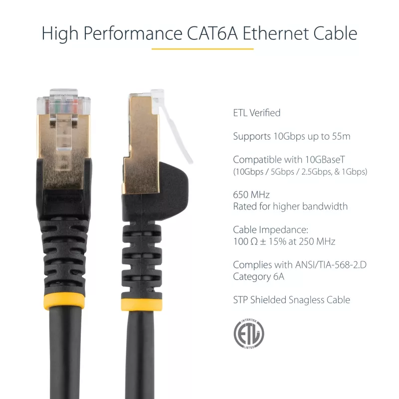 StarTech.com Cable Ethernet CAT6a de 10m – 10 Gigabit blindado, snagless, RJ45, cable de parcheo 100W PoE – cable de red 10GbE STP con alivio de tensión – negro, probado individualmente/cableado certificado UL/TIA