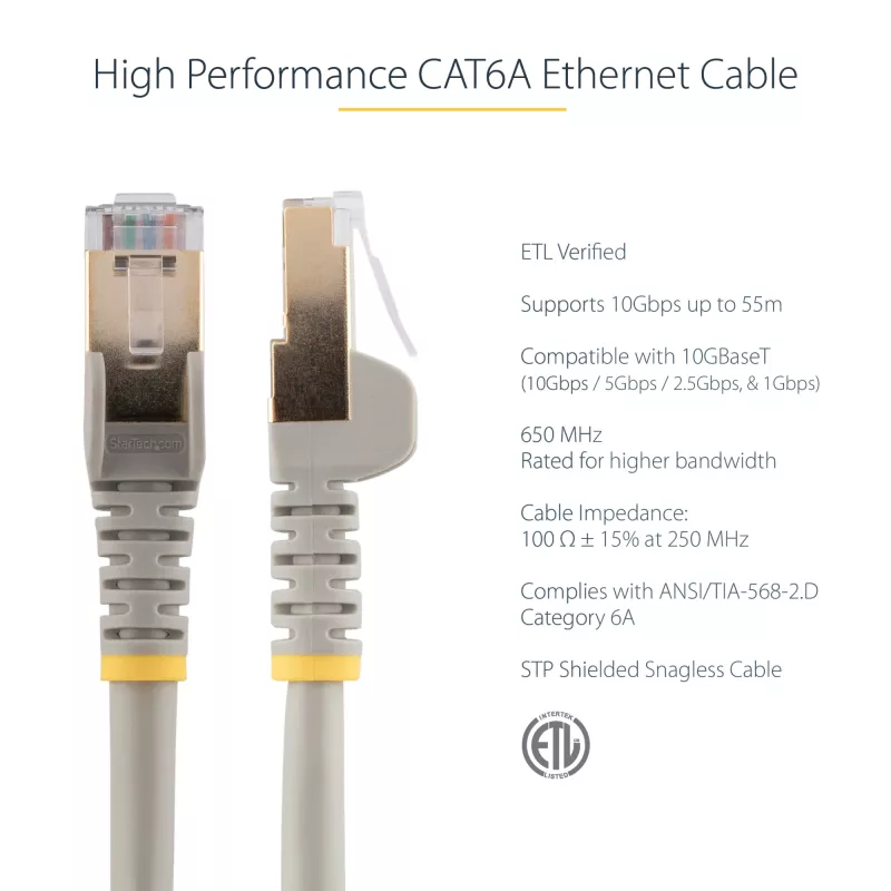 StarTech.com Cable Ethernet CAT6a de 5m - 10 Gigabit blindado snagless RJ45 100W PoE cable de parcheo - cable de red 10GbE STP con alivio de tensión - gris probado individualmente/cableado certificado UL/TIA