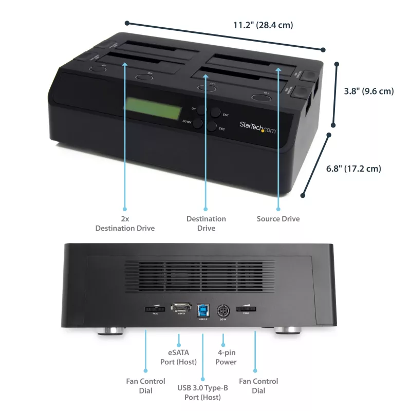 StarTech.com Dock duplicador de discos duros SATA independiente 1:3 USB 3.0 eSATA de 4 bahías