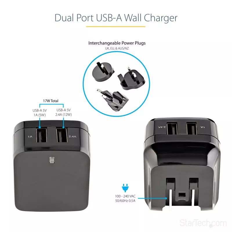 StarTech.com Cargador USB de doble puerto para viajes internacionales – 17W/3,4A – negro