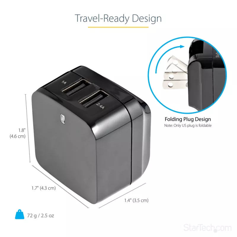 StarTech.com Cargador USB de doble puerto para viajes internacionales – 17W/3,4A – negro