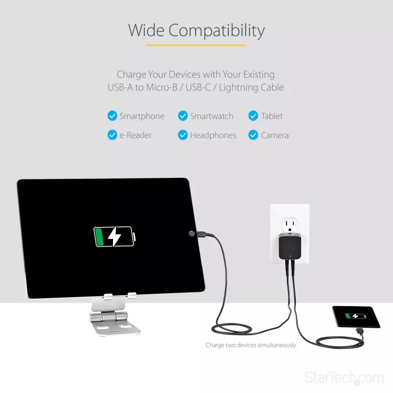StarTech.com Cargador USB de doble puerto para viajes internacionales – 17W/3,4A – negro