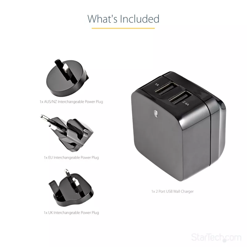 StarTech.com Cargador USB de doble puerto para viajes internacionales – 17W/3,4A – negro