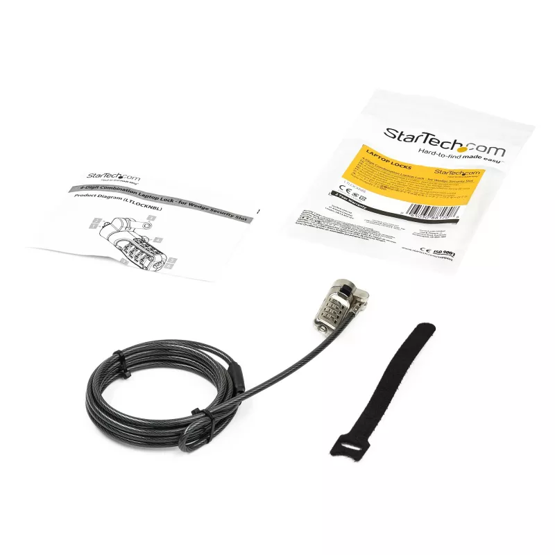 StarTech.com Candado de cable para portátil de 2 m – Candado de seguridad con combinación numérica de 4 dígitos para portátil/sobremesa con ranura Wedge – Candado antirrobo de acero con recubrimiento de vinilo – Portátil