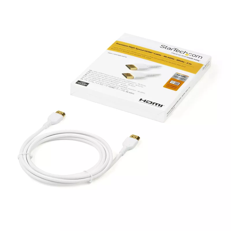 StarTech.com RHDMM2MPW cable High Speed HDMI 2.0 Premium certificado con Ethernet, 4K 60 Hz, M/M, 2 m, fibra de aramida, cubierta de TPE, blanco