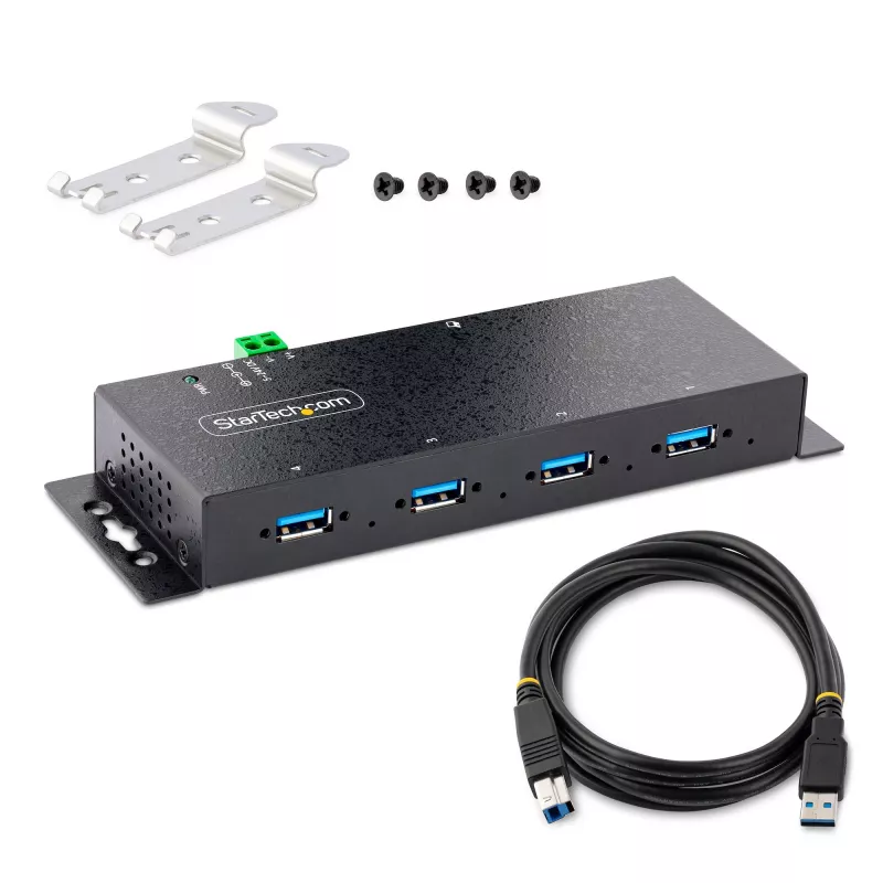 StarTech.com Hub USB 3.0 industrial de 4 puertos 5Gbps, hub USB robusto con protección ESD, montaje en DIN/pared/mesa hub USB-A, ampliación USB con conectores de bloqueo, Heavy Duty – TAA