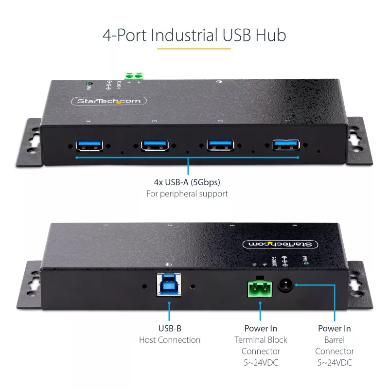 StarTech.com Hub USB 3.0 industrial de 4 puertos 5Gbps, hub USB robusto con protección ESD, montaje en DIN/pared/mesa hub USB-A, ampliación USB con conectores de bloqueo, Heavy Duty – TAA