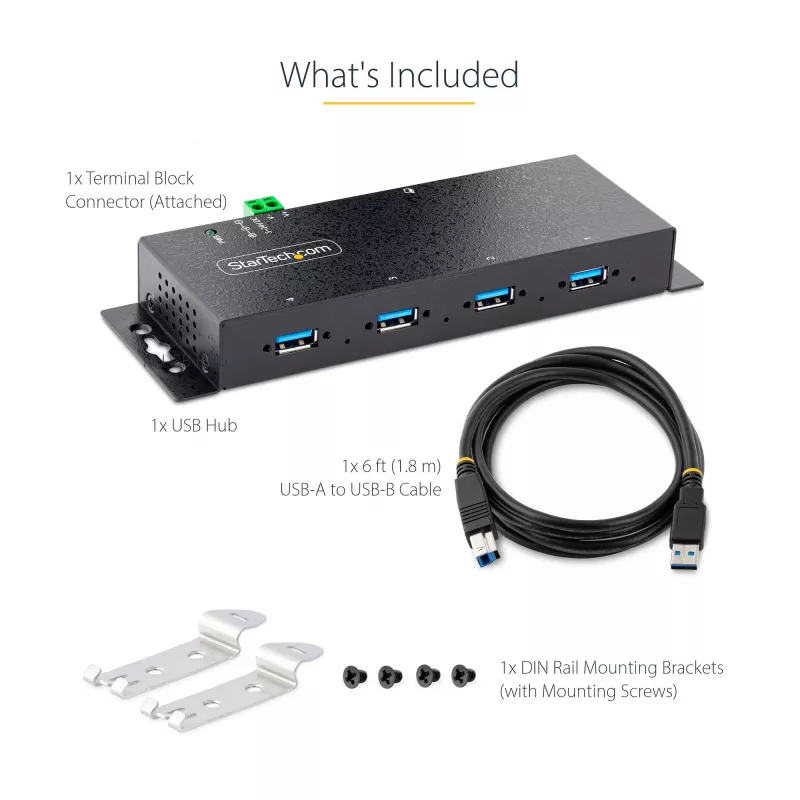 StarTech.com Hub USB 3.0 industrial de 4 puertos 5Gbps, hub USB robusto con protección ESD, montaje en DIN/pared/mesa hub USB-A, ampliación USB con conectores de bloqueo, Heavy Duty – TAA